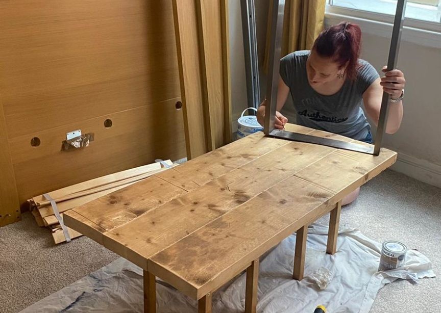 Rebecca Fox making a desk out of reclaimed scaffolding boards
