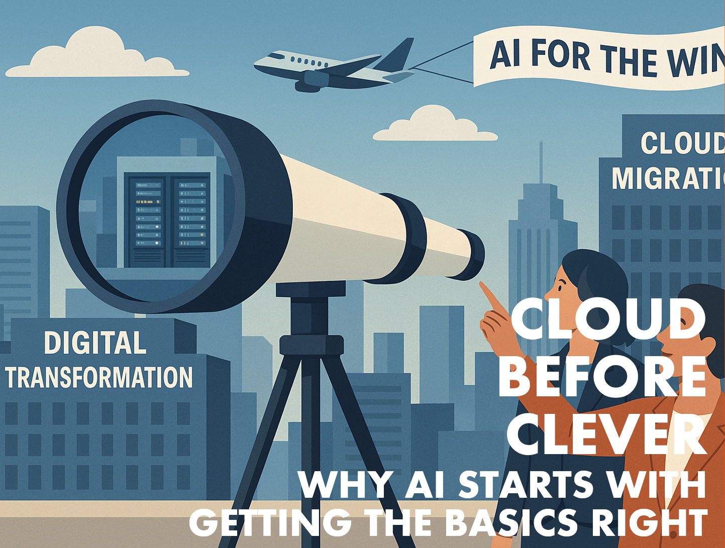 Cloud Before Clever Blog - two people a CIO and CEO looking out over a city. The CEO pointing the sky with a AI FOR THE WIN plane, and the CIO looking through a telescope at a building with Digital Transformation and Cloud Migration written on it.