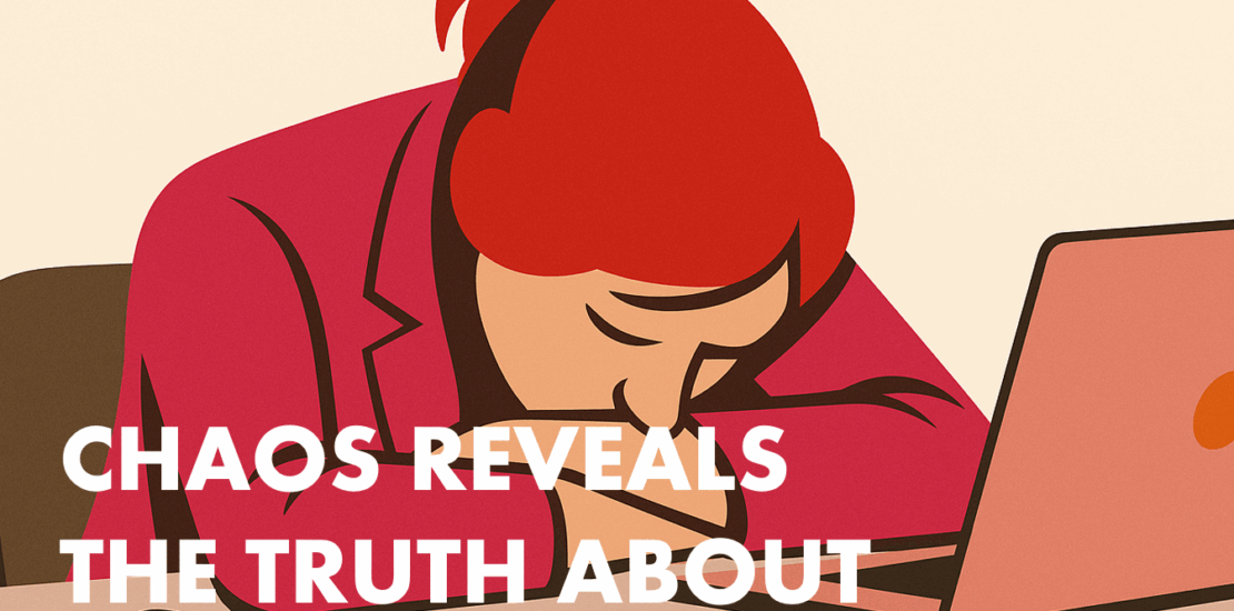Chaos Reveals the Truth About Leadership - Stylised Rebecca Fox with head on desk
