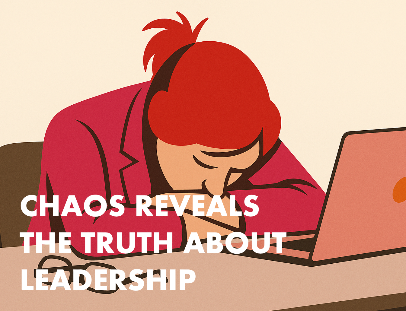 Chaos Reveals the Truth About Leadership - Stylised Rebecca Fox with head on desk